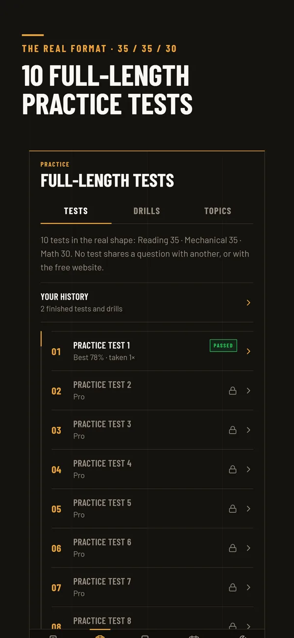 Ten full-length practice tests in the 35 / 35 / 30 format